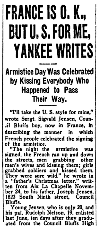 An article about the armistice ending World War I, Omaha Daily Bee newspaper article 12 January 1919