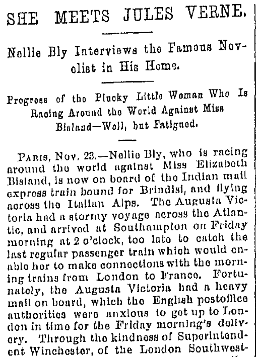 An article about Nellie Bly, Oregonian newspaper article 1 December 1889