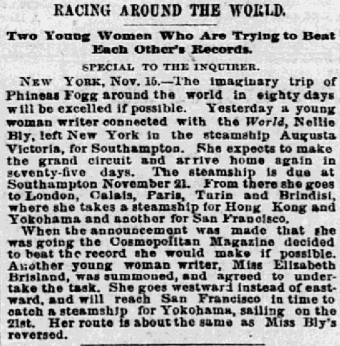 An article about Nellie Bly, Philadelphia Inquirer newspaper article 16 November 1889