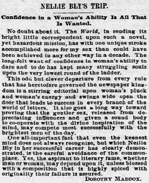 An article about Nellie Bly, Philadelphia Inquirer newspaper article 18 November 1889