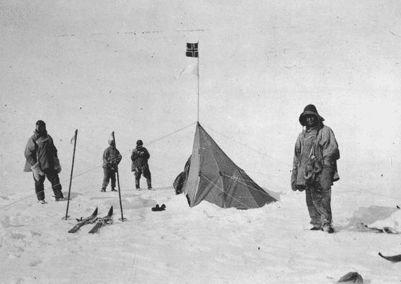 Photo: Scott and his men at Amundsen’s base, Polheim, at the South Pole