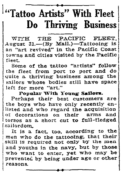 An article about tattoos, Sacramento Bee newspaper article 3 September 1919