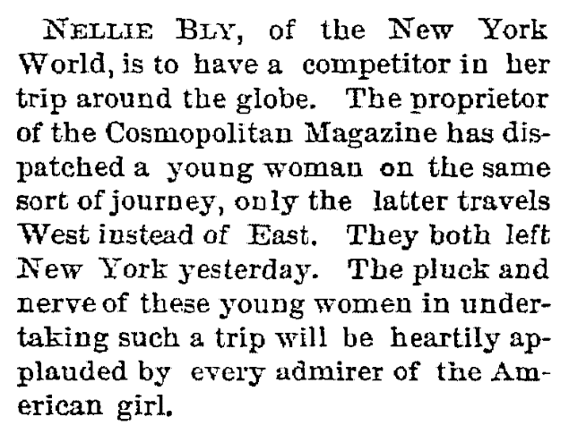 An article about Nellie Bly, Trenton Evening Times newspaper article 15 November 1889