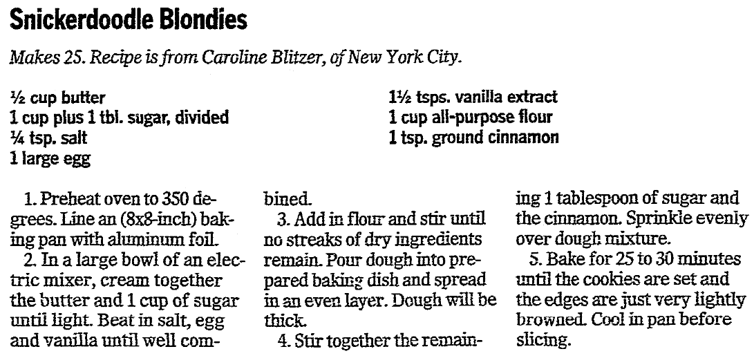 A recipe for snookerdoodle blondies, Advocate newspaper article 21 October 2010