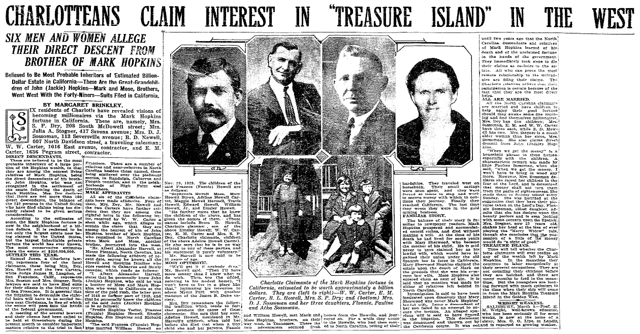 An article about the estate of Mark Hopkins, Charlotte Observer newspaper article 6 March 1927