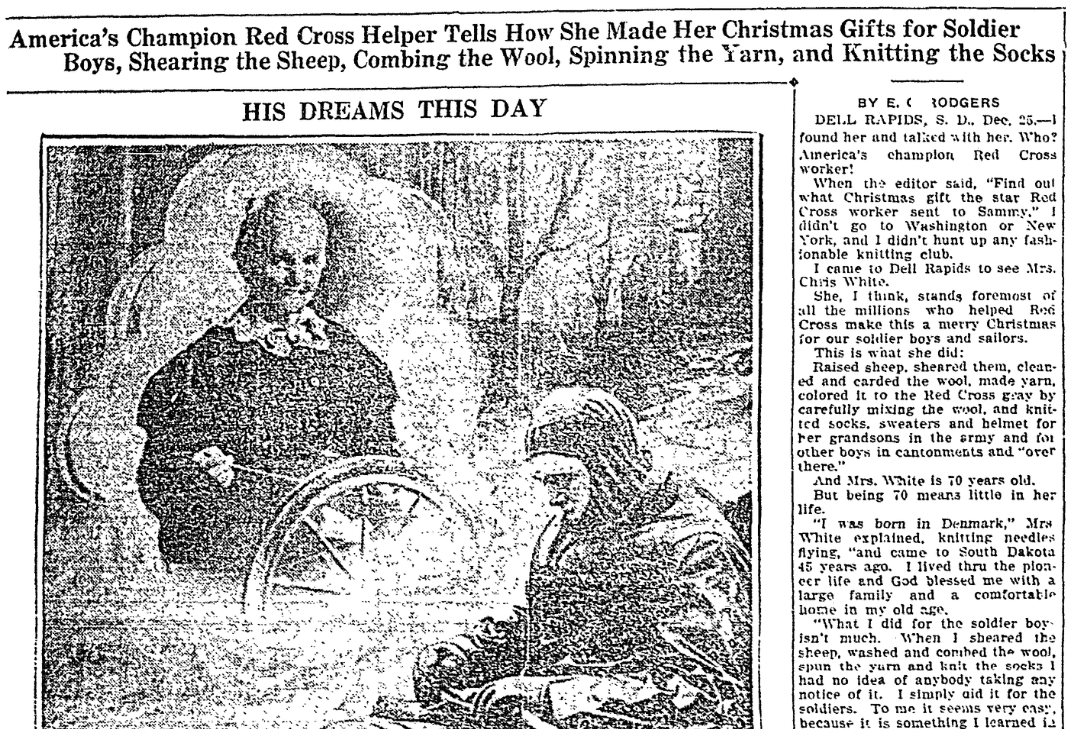 An article about knitting on the home front for soldiers in WWI, Detroit Times newspaper article 25 December 1917