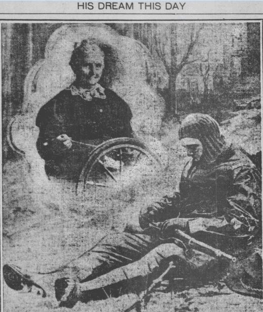 Photo: Anna White spinning yarn for WWI soldiers, Detroit Times newspaper article 25 December 1917