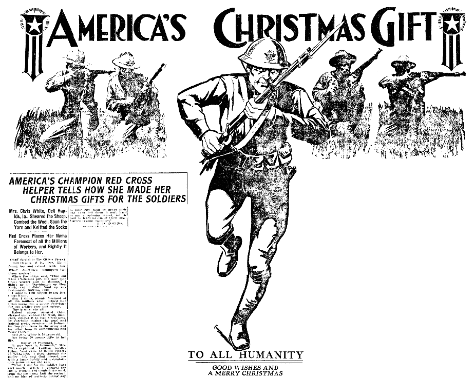 An article about knitting on the home front for soldiers in WWI, Jackson Citizen Patriot newspaper article 25 December 1917