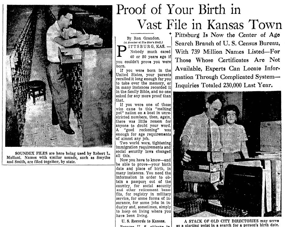 An article about Soundex and the census, Kansas City Star newspaper article 28 September 1958