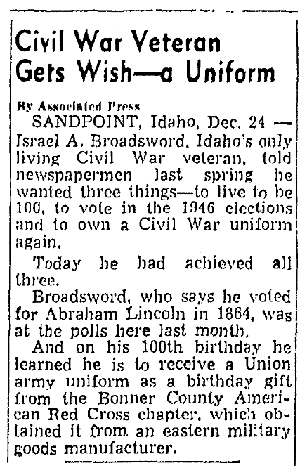 An article about Israel Broadsword, Knoxville News-Sentinel newspaper article 24 December 1946