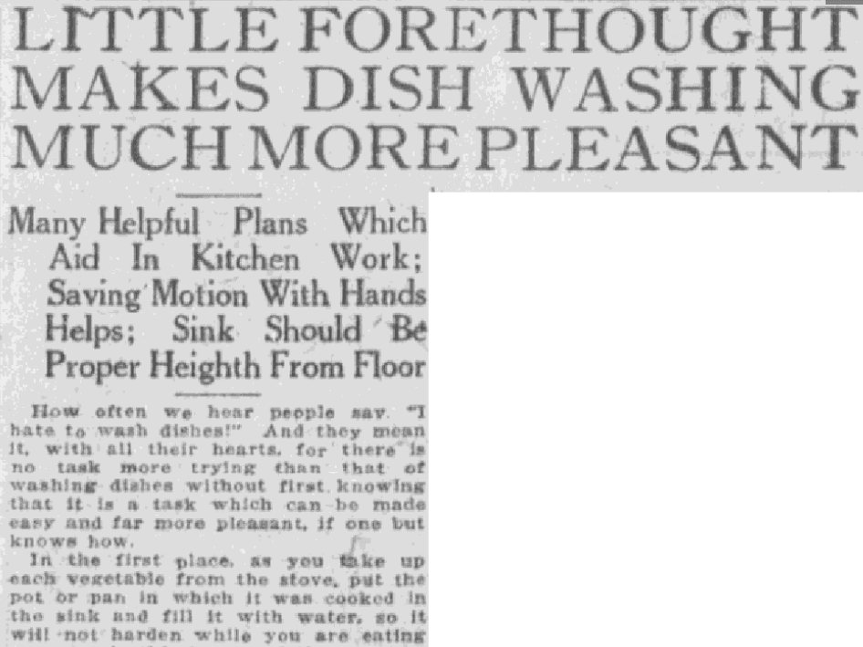 An article about washing dishes, Montgomery Advertiser newspaper article 15 October 1922