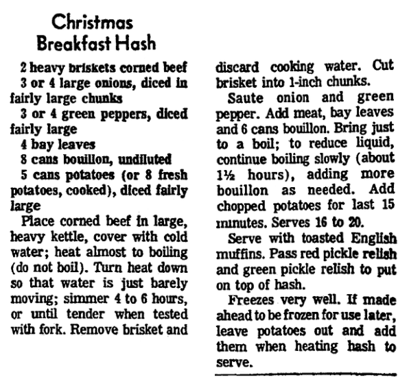 A recipe for Christmas Breakfast Hash, Morning Star newspaper article 28 November 1974