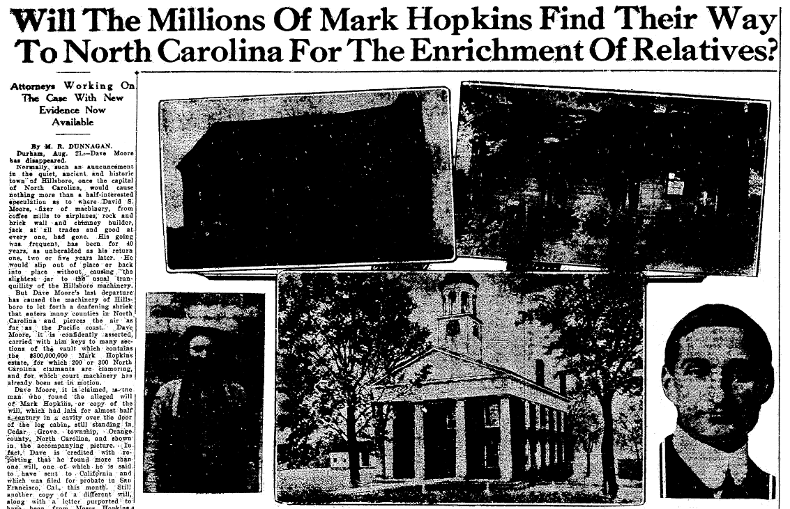 An article about the estate of Mark Hopkins, News and Observer newspaper article 22 August 1926