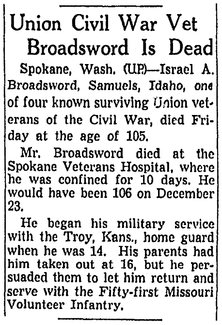 An obituary for Israel Broadsword, Omaha World-Herald newspaper article 26 July 1952