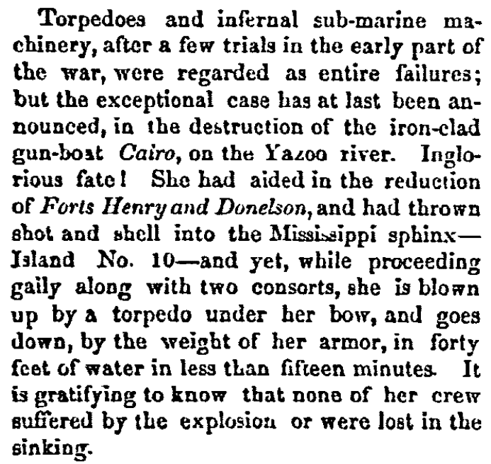 An article about the sinking of the USS Cairo during the Civil War, Philadelphia Inquirer newspaper article 20 December 1862