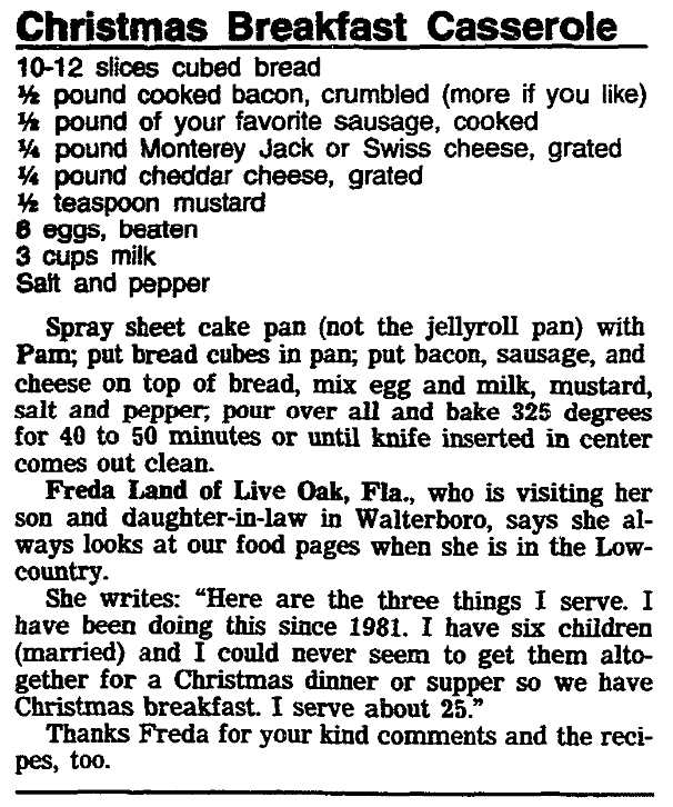 A recipe for Christmas Breakfast Casserole, Post and Courier newspaper article 20 December 1992