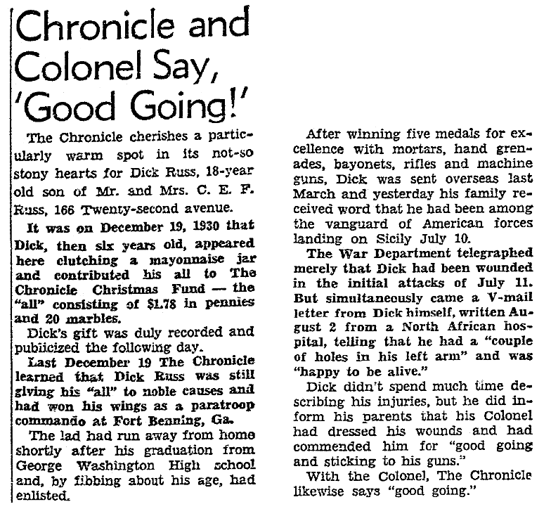 An article about Dick Russ, San Francisco Chronicle newspaper article 10 September 1943