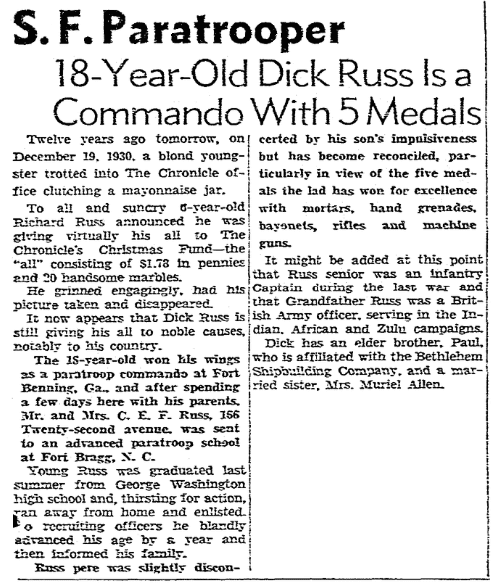 An article about Dick Russ, San Francisco Chronicle newspaper article 18 December 1942