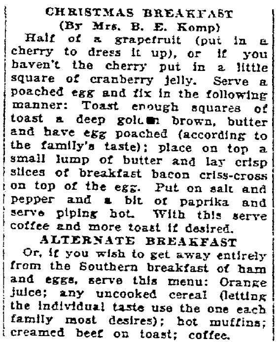 Recipes for Christmas breakfast, Times-Picayune newspaper article 18 December 1926