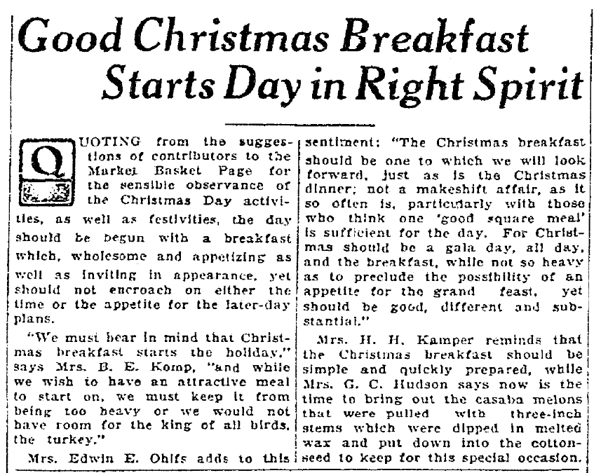 An article about Christmas Breakfast, Times-Picayune newspaper article 18 December 1926