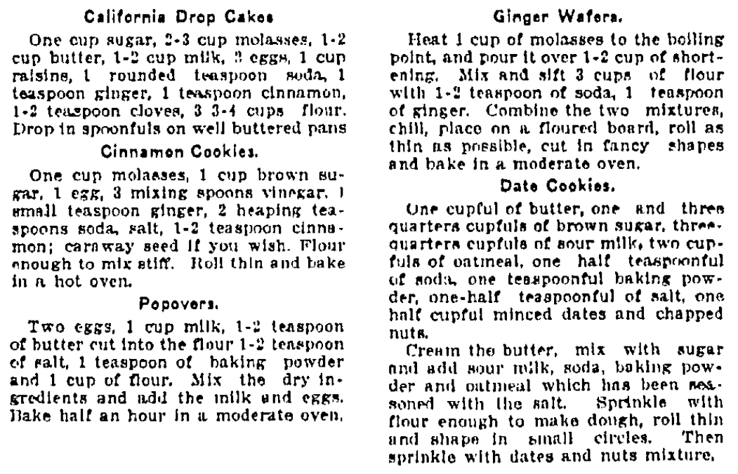 Cookie recipes, Wilkes-Barre Times-Leader newspaper article 20 December 1916