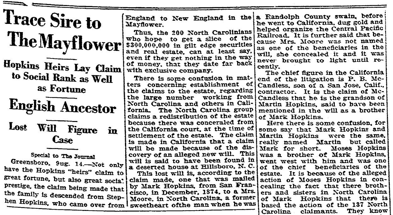 An article about Mark Hopkins's estate, Winston-Salem Journal newspaper article 15 August 1926