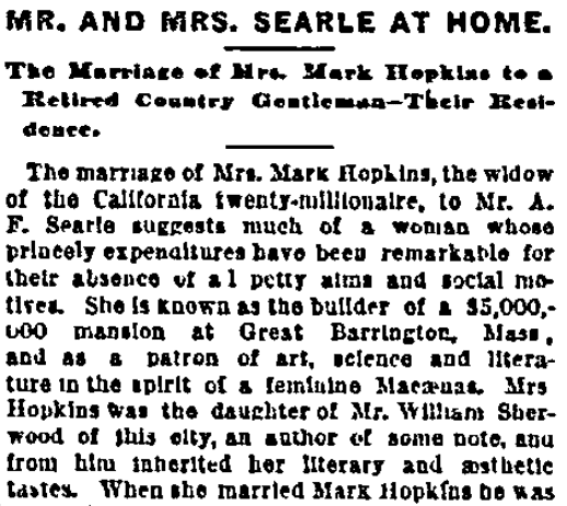 An article about Mary and Edward Searles, Boston Journal newspaper article 10 November 1887