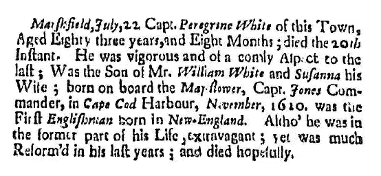 An obituary for Peregrine White, Boston News-Letter newspaper article 31 July 1704