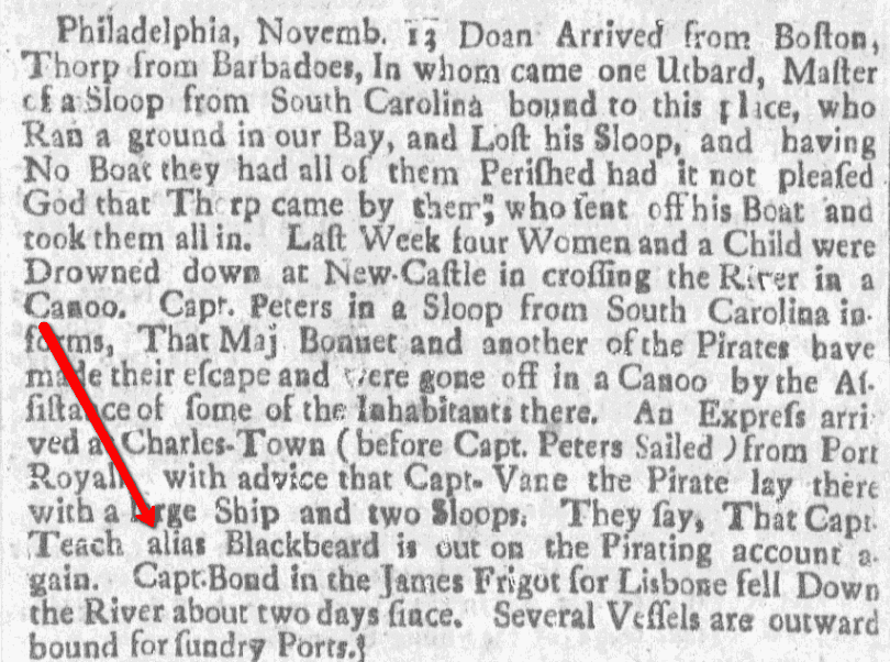 An article about Blackbeard, Boston News-Letter newspaper article 24 November 1718