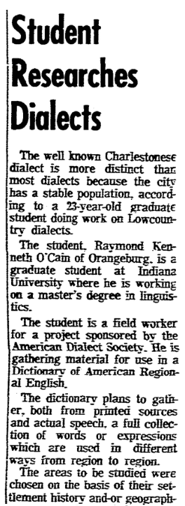 An article about the Dictionary of American Regional English, Charleston News and Courier newspaper article 19 July 1966