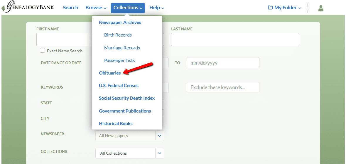 A screenshot of GenealogyBank showing where to find the Obituaries Collection