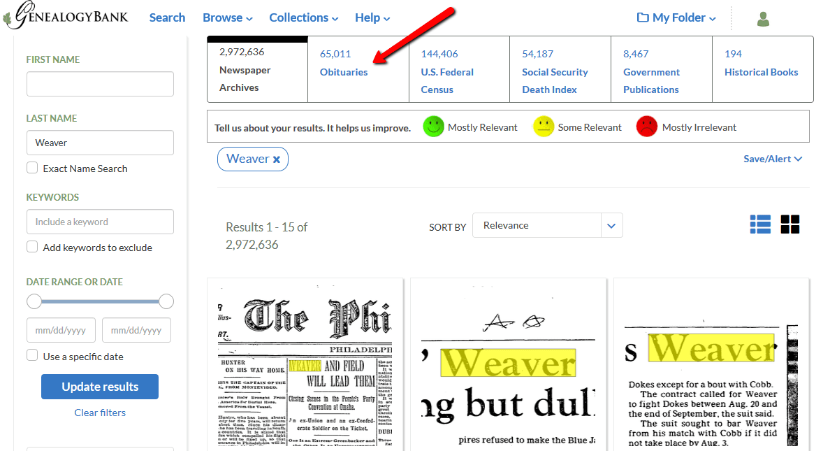 A screenshot of GenealogyBank showing how to choose results from the Obituaries Collection for a search on the surname Weaver