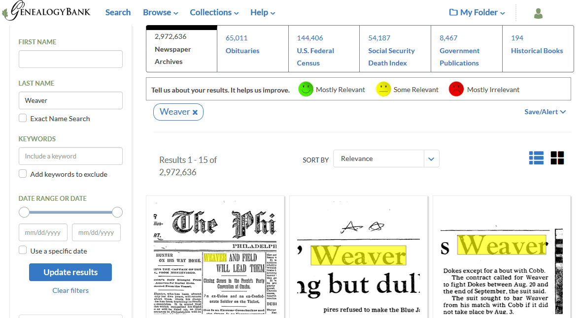 A screenshot of GenealogyBank showing the search results page for a search on the surname Weaver