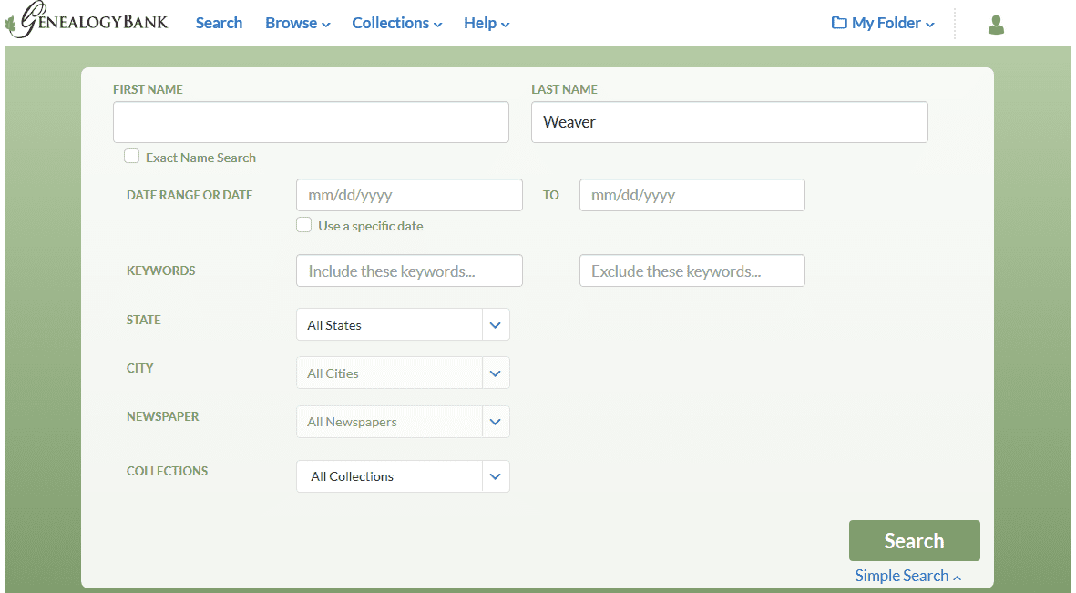 A screenshot of GenealogyBank showing a search for the surname Weaver
