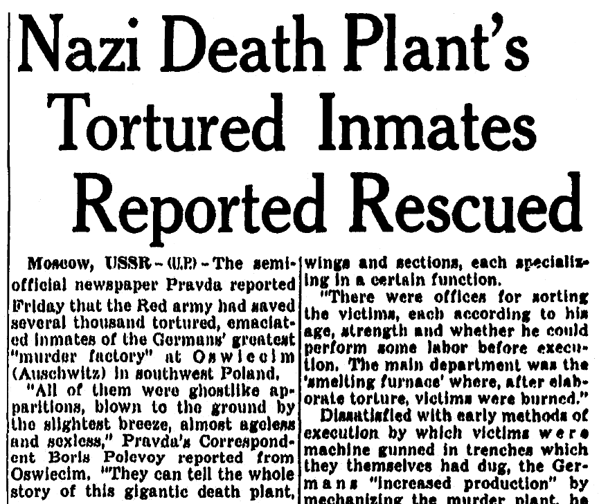 An article about Auschwitz, Milwaukee Journal newspaper article 2 February 1945