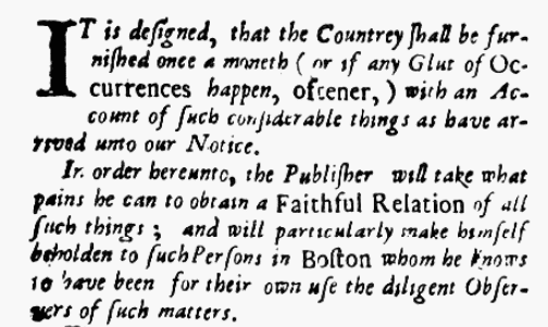 Mission Statement for Publick Occurrences Both Forreign and Domestick newspaper 25 September 1690