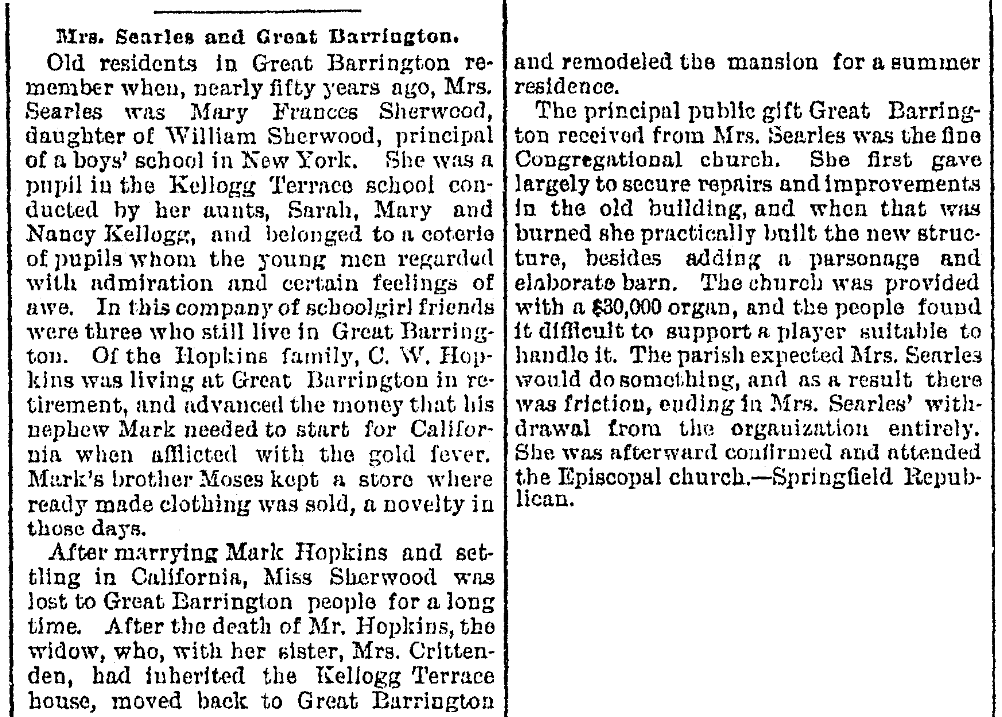 An article about Mary Searles, Repository newspaper article 22 August 1891