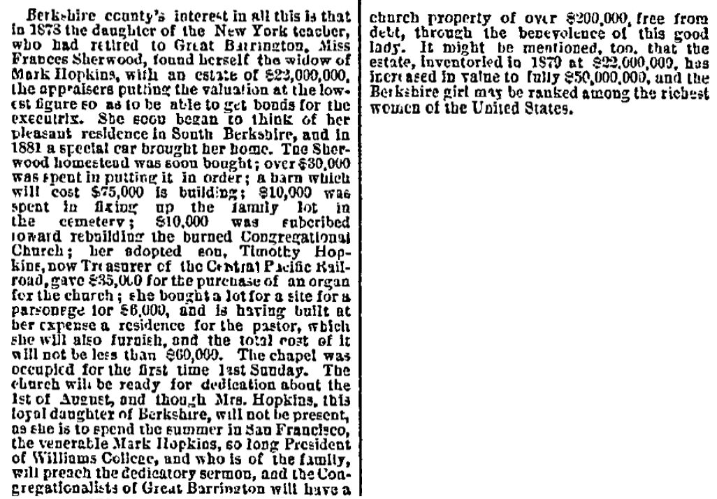 An article about Mary Hopkins, San Francisco Bulletin newspaper article 14 July 1883