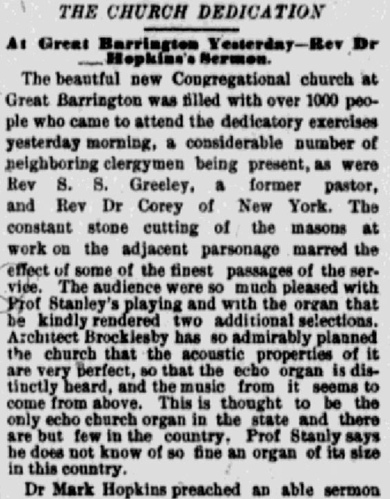 An article about the dedication of the Great Barrington Church, Springfield Republican newspaper article 22 September 1883