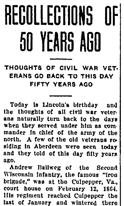 A "50 Years Ago" newspaper column, Aberdeen Daily News newspaper article 12 February 1914