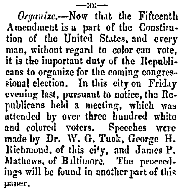 An article about the 15th Amendment, Annapolis Gazette newspaper article 3 February 1870