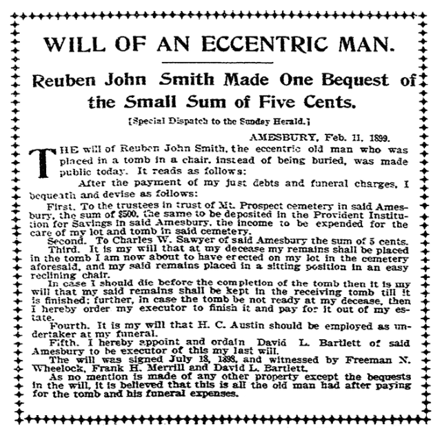 An article about Reuben John Smith's will, Boston Herald newspaper article 12 February 1899