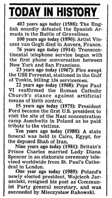 A "Today in History" newspaper column, Boston Herald newspaper article 29 July 1990