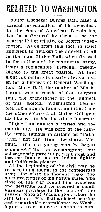 An article about a relation to George Washington, Butte Weekly Miner newspaper article 24 February 1898