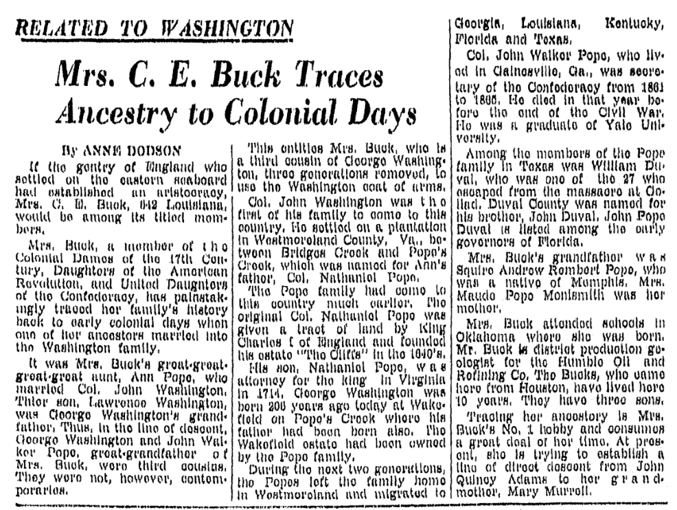 An article about a relation to George Washington, Corpus Christi Caller-Times newspaper article 22 February 1948