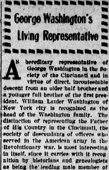 An article about a relation to George Washington, Evening News newspaper article 19 February 1915