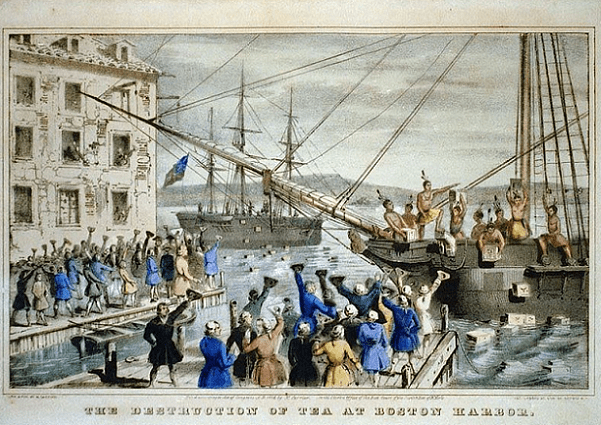 Illustration: this iconic 1846 lithograph by Nathaniel Currier was entitled "The Destruction of Tea at Boston Harbor"; the phrase "Boston Tea Party" had not yet become standard. Contrary to Currier's depiction, few of the men dumping the tea were actually disguised as Native Americans. Credit: Wikimedia Commons.