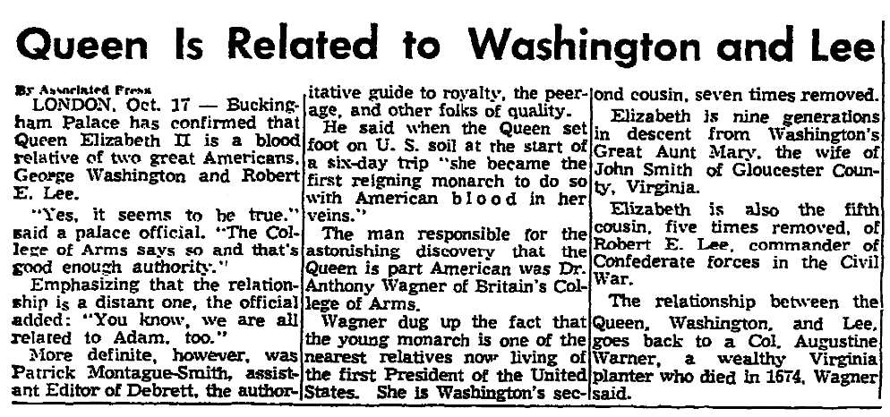 An article about a relation to George Washington, Knoxville News-Sentinel newspaper article 17 October 195