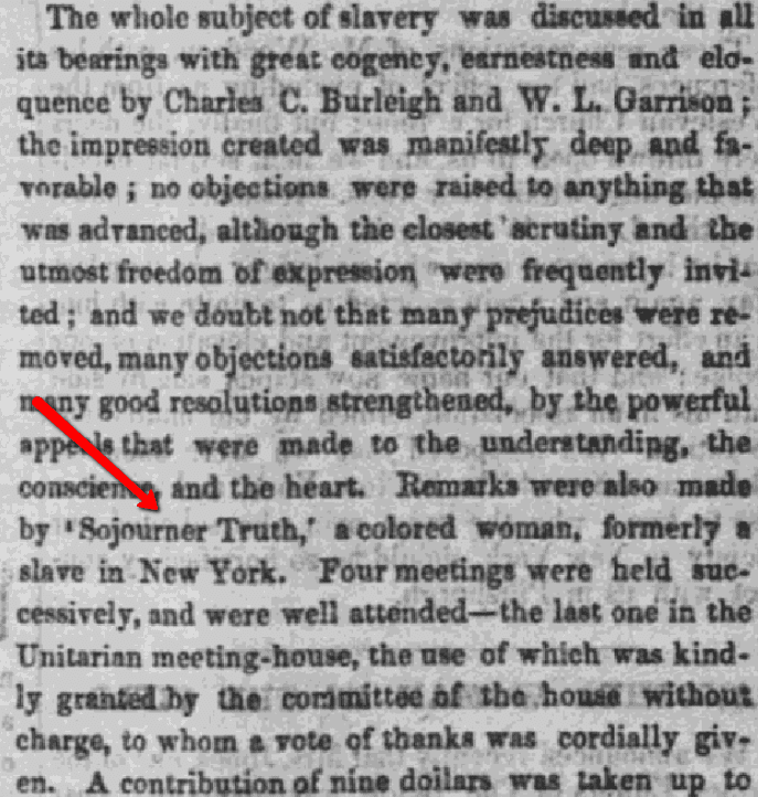 An article about Sojourner Truth, Liberator newspaper article 16 August 1850