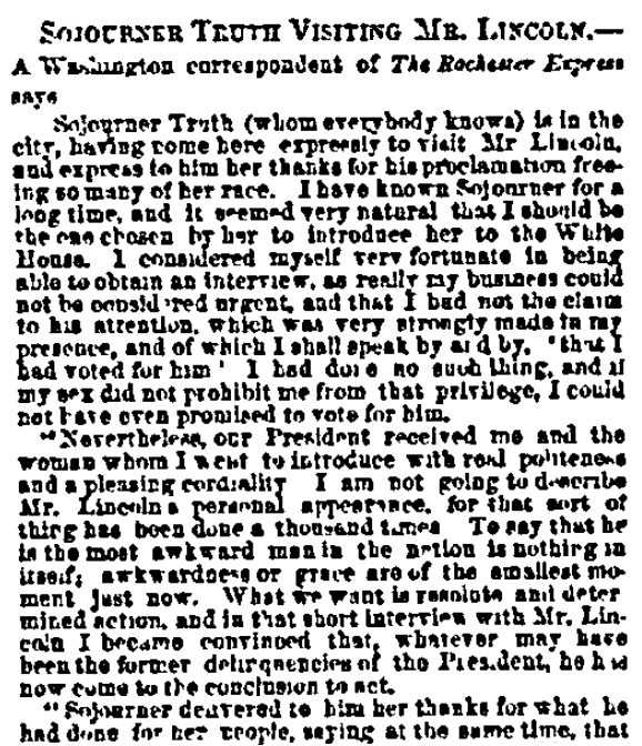 An article about Sojourner Truth, New York Tribune newspaper article 17 November 1864